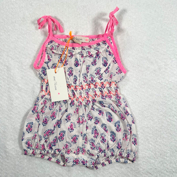 Everbloom Baby 3 Month Blue Pink Tie Shoulder Smocked Waist One Piece Romper - Picture 1 of 6